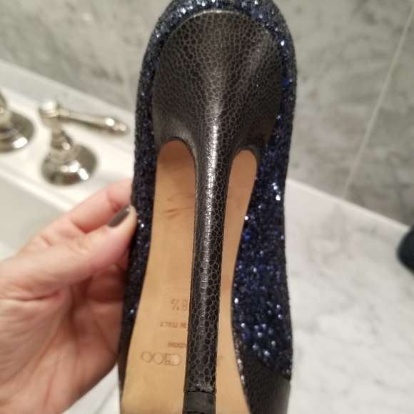 Jimmy Choo Navy Glitter Peep Toe Heels, Platform - Picture 4 of 5